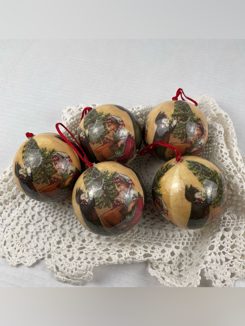 Vintage Decoupage Cats Christmas Ornaments Kittens Kitty 3” Christmas Nostalgia